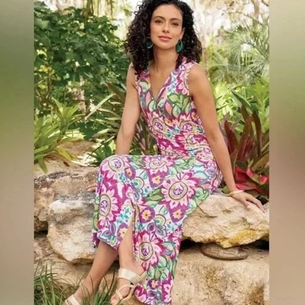 Soft Surroundings Malee Faux Wrap Maxi Dress Womens‎ 2X Floral Boho Pink Green